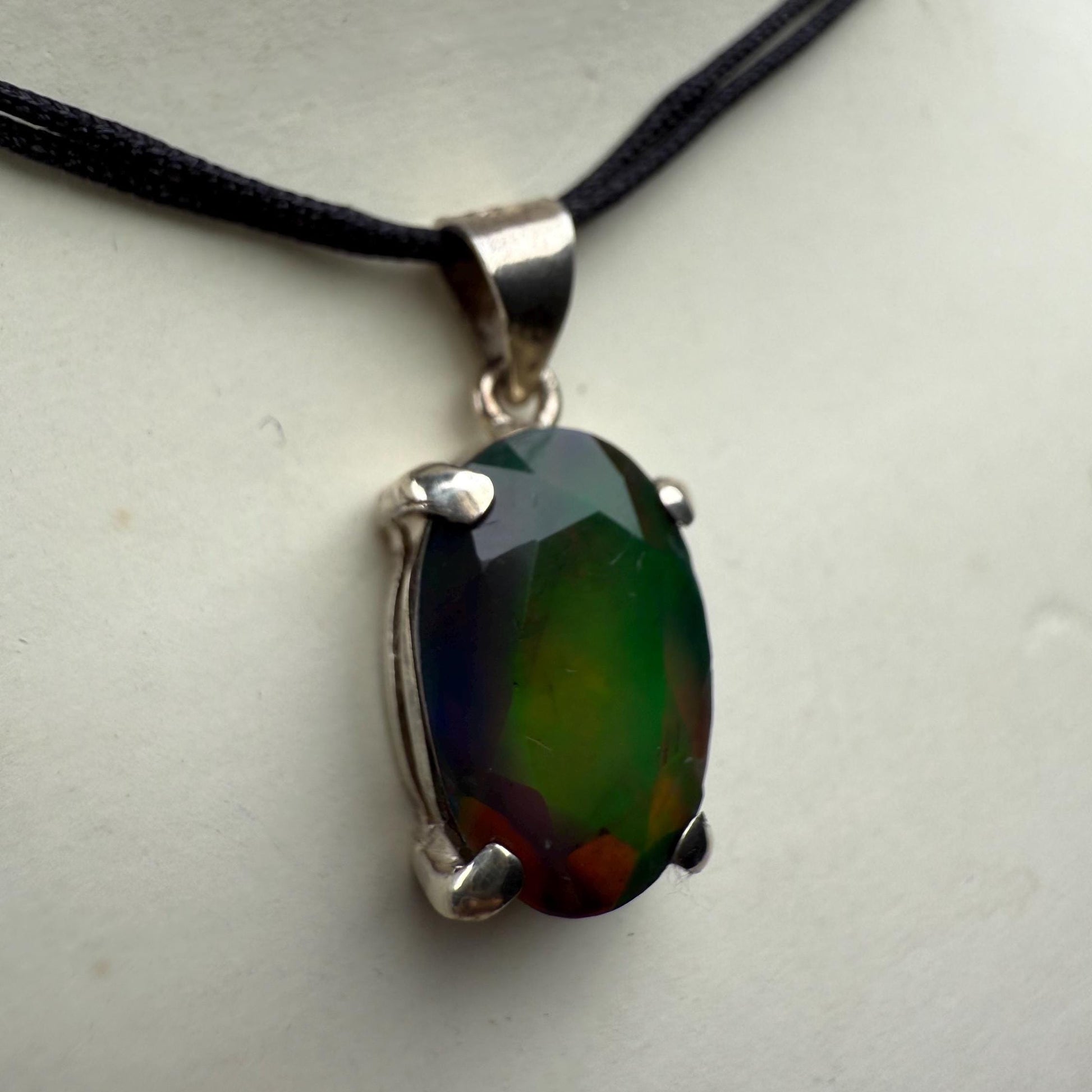 Black Fire Opal Pendant Necklace in 925 Silver, Opal crystal necklace