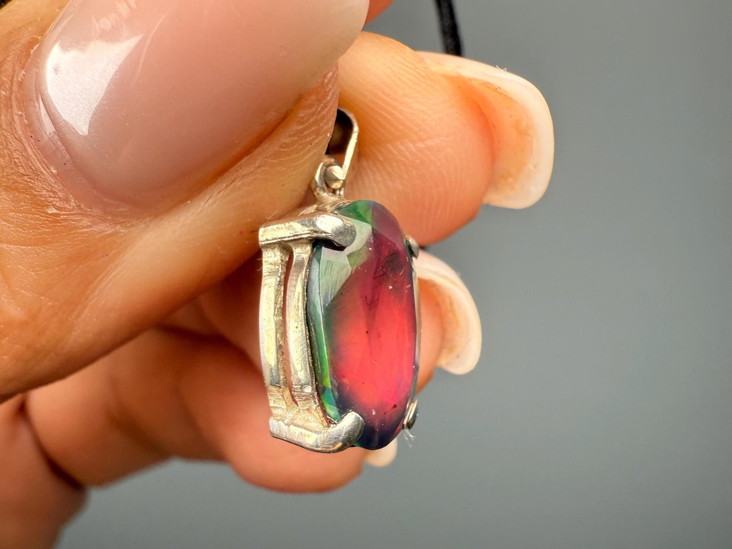 Black Fire Opal Pendant Necklace in 925 Silver, Opal crystal necklace