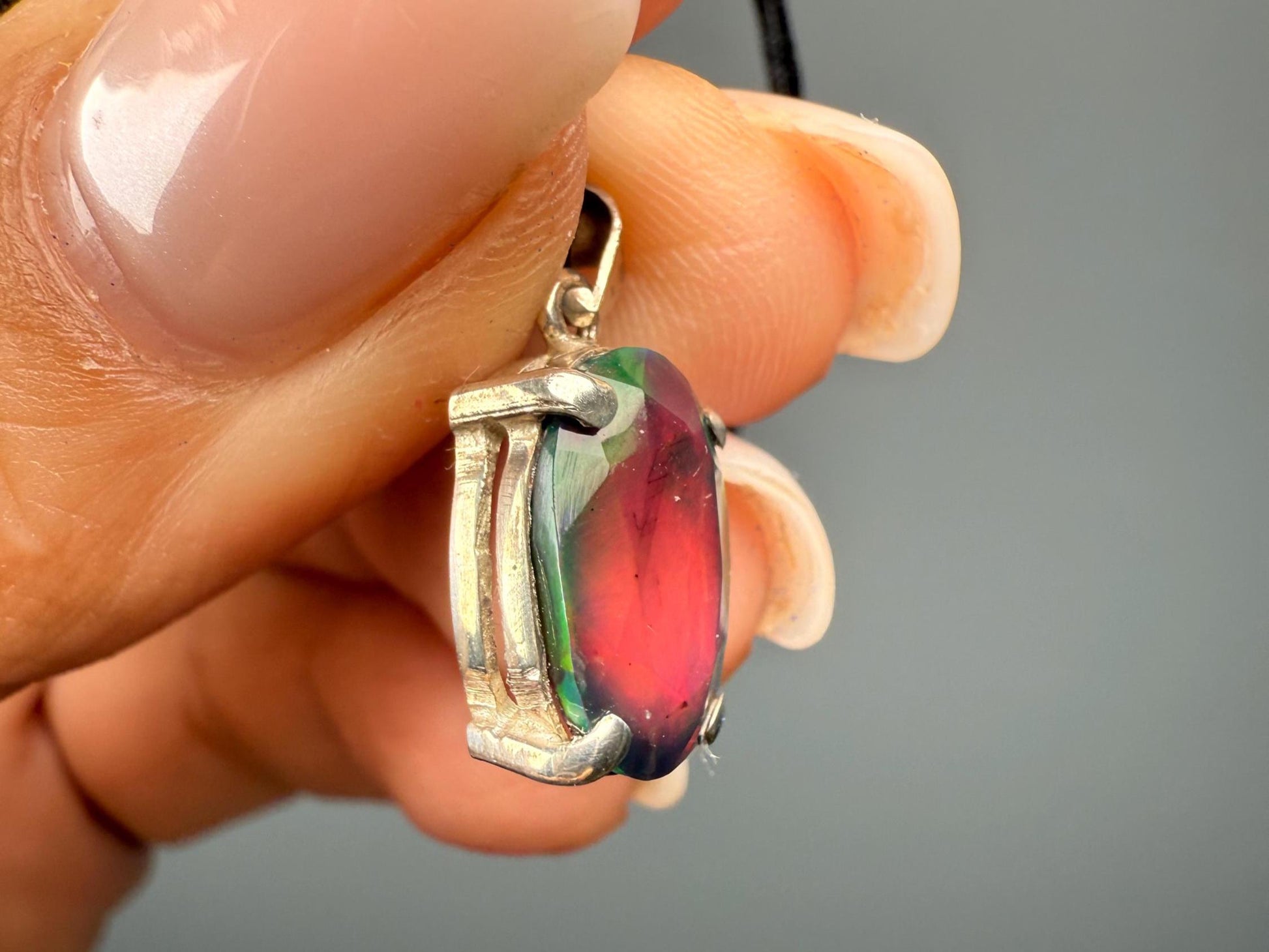 Black Fire Opal Pendant Necklace in 925 Silver, Opal crystal necklace