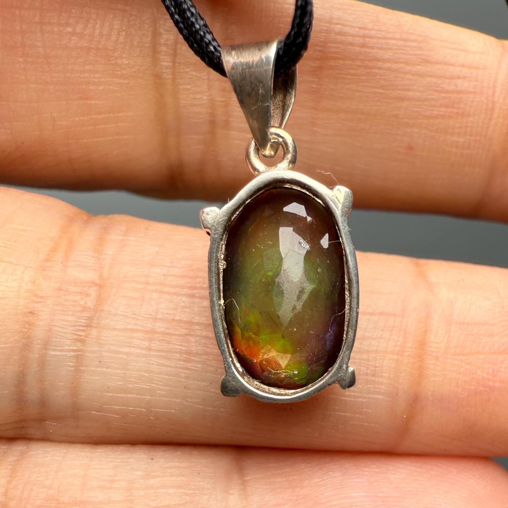 Black Fire Opal Pendant Necklace in 925 Silver, Opal crystal necklace