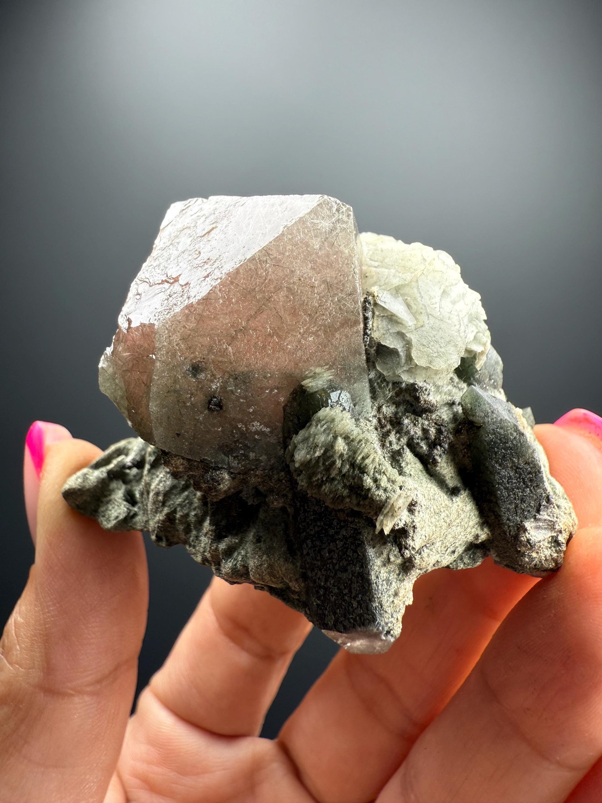 Amazing Pink-Green Flourite Octahedrons with Green Phrase Quartz