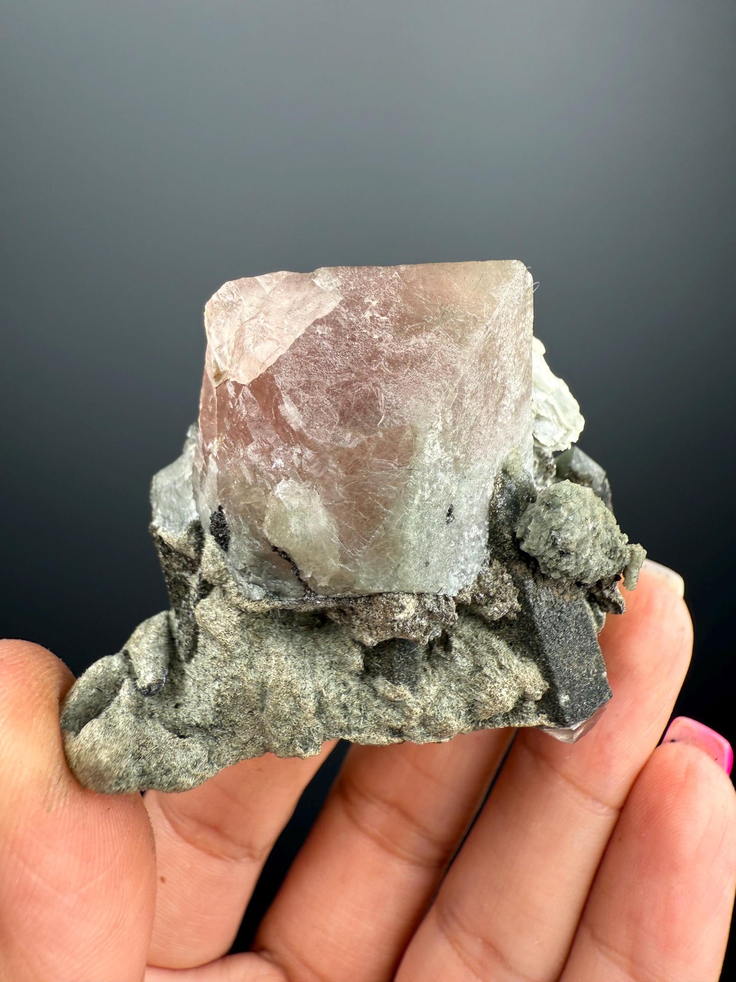 Amazing Pink-Green Flourite Octahedrons with Green Phrase Quartz