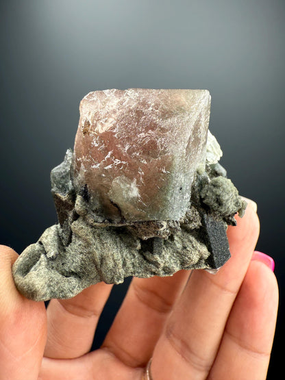 Amazing Pink-Green Flourite Octahedrons with Green Phrase Quartz