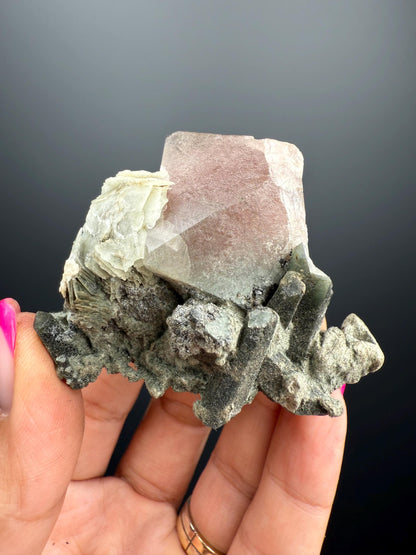 Amazing Pink-Green Flourite Octahedrons with Green Phrase Quartz