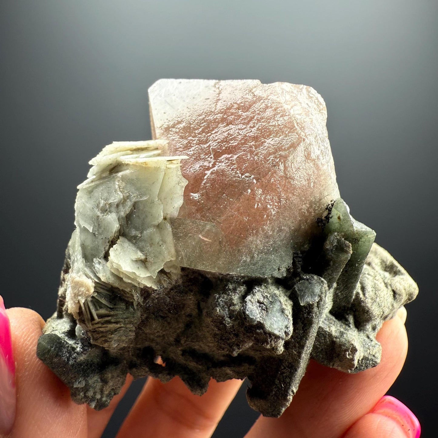 Amazing Pink-Green Flourite Octahedrons with Green Phrase Quartz