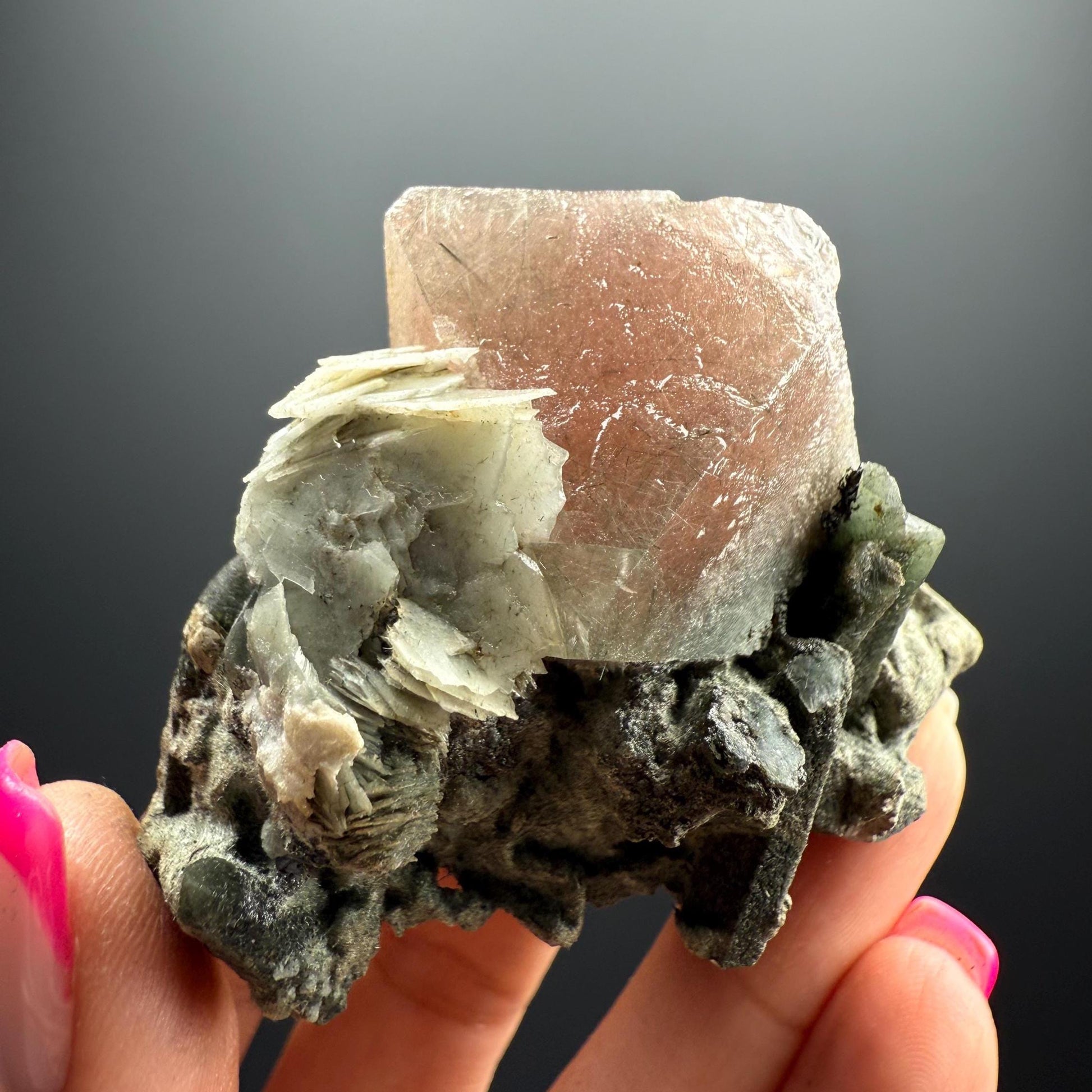 Amazing Pink-Green Flourite Octahedrons with Green Phrase Quartz