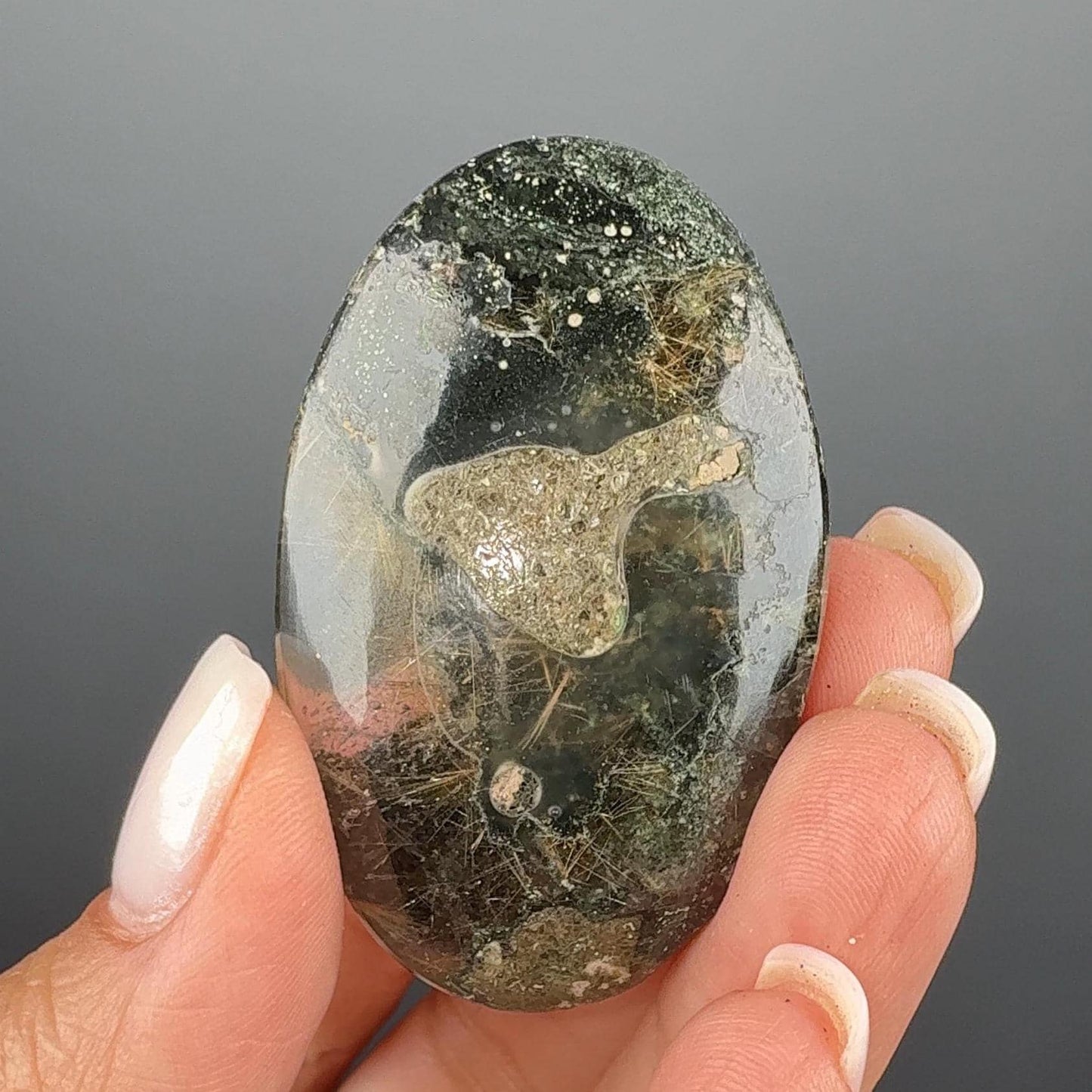 Himalayan Rutile Quartz with Green Chlorite Palm Stone