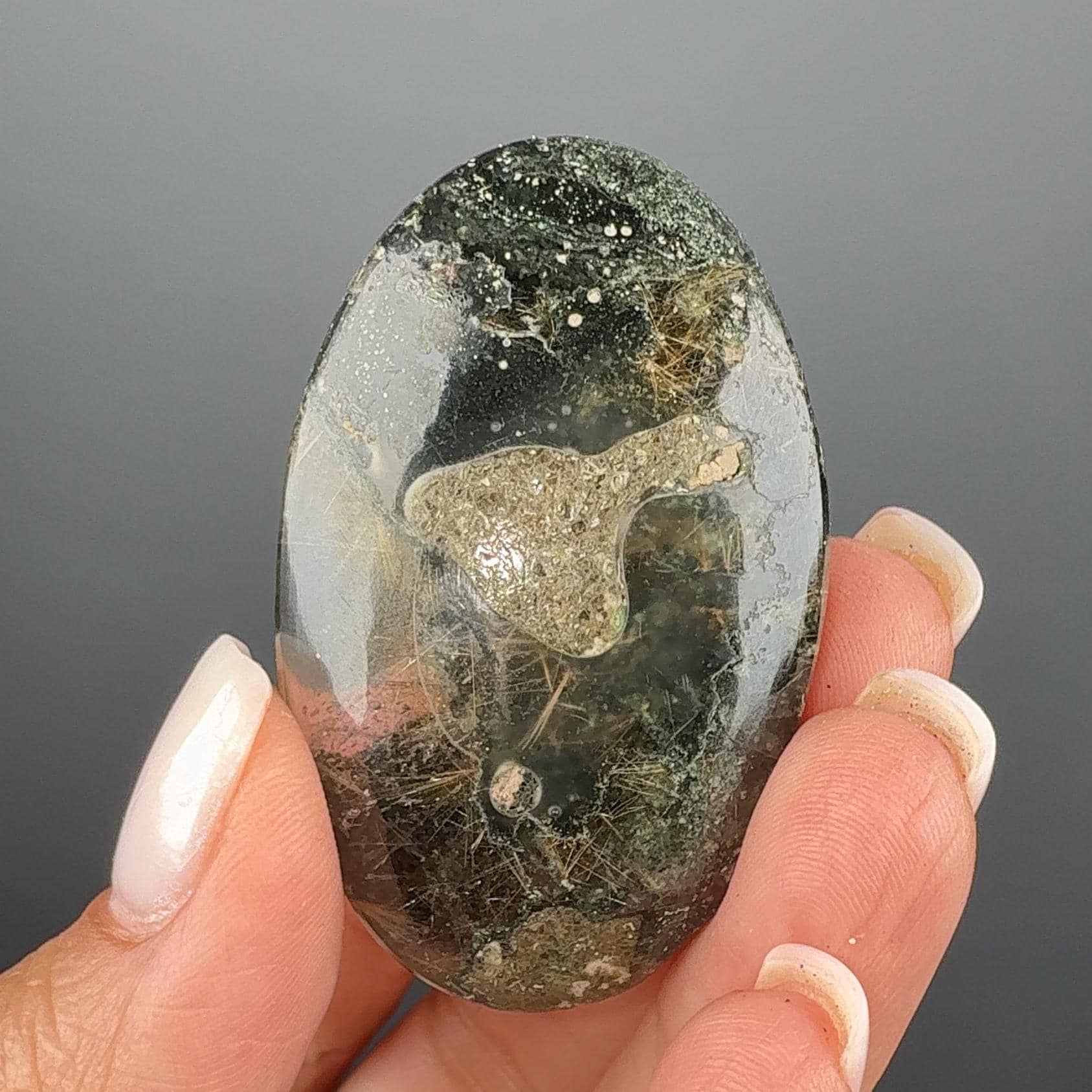 Himalayan Rutile Quartz with Green Chlorite Palm Stone