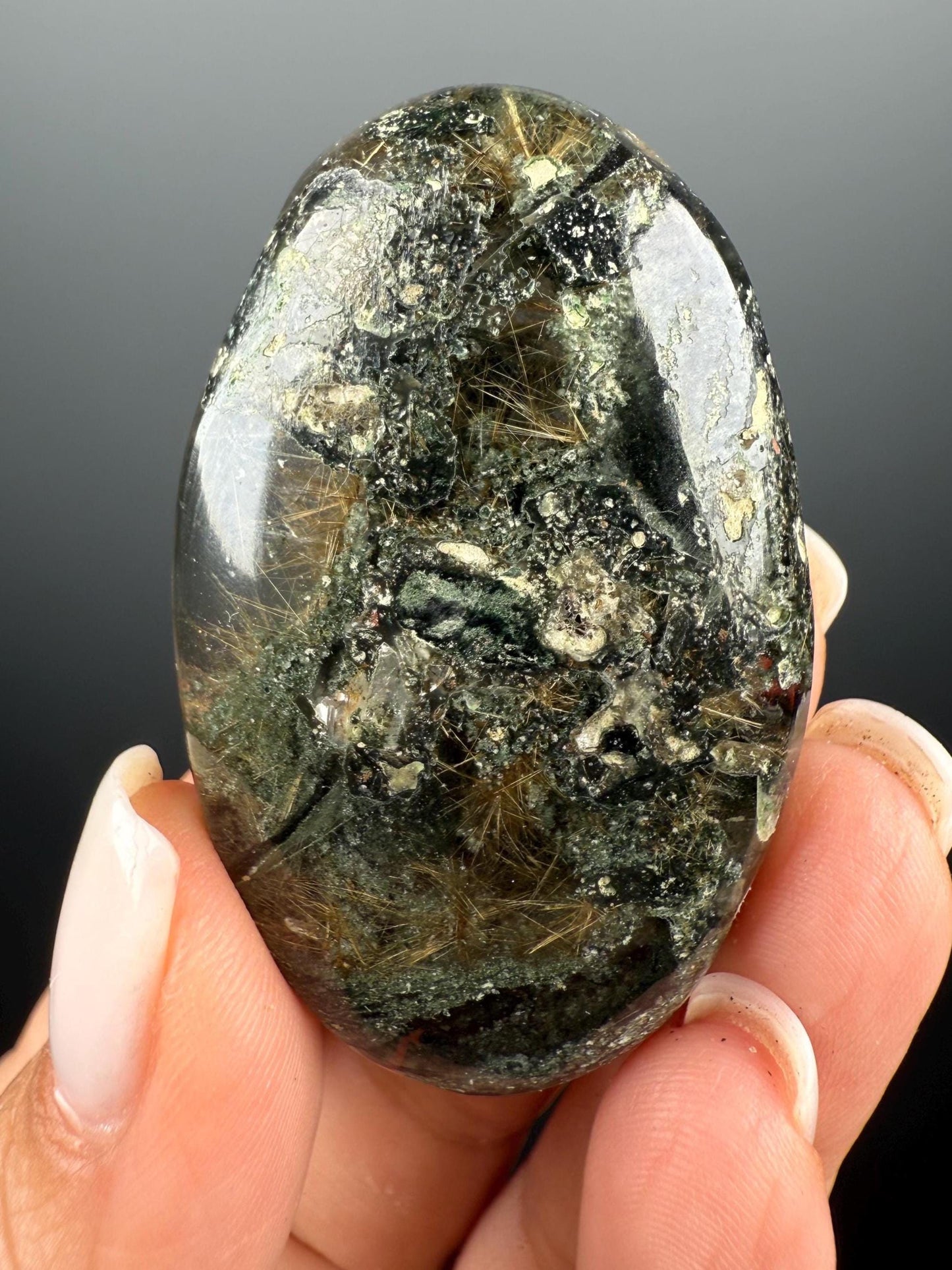 Himalayan Rutile Quartz with Green Chlorite Palm Stone