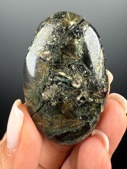 Himalayan Rutile Quartz with Green Chlorite Palm Stone