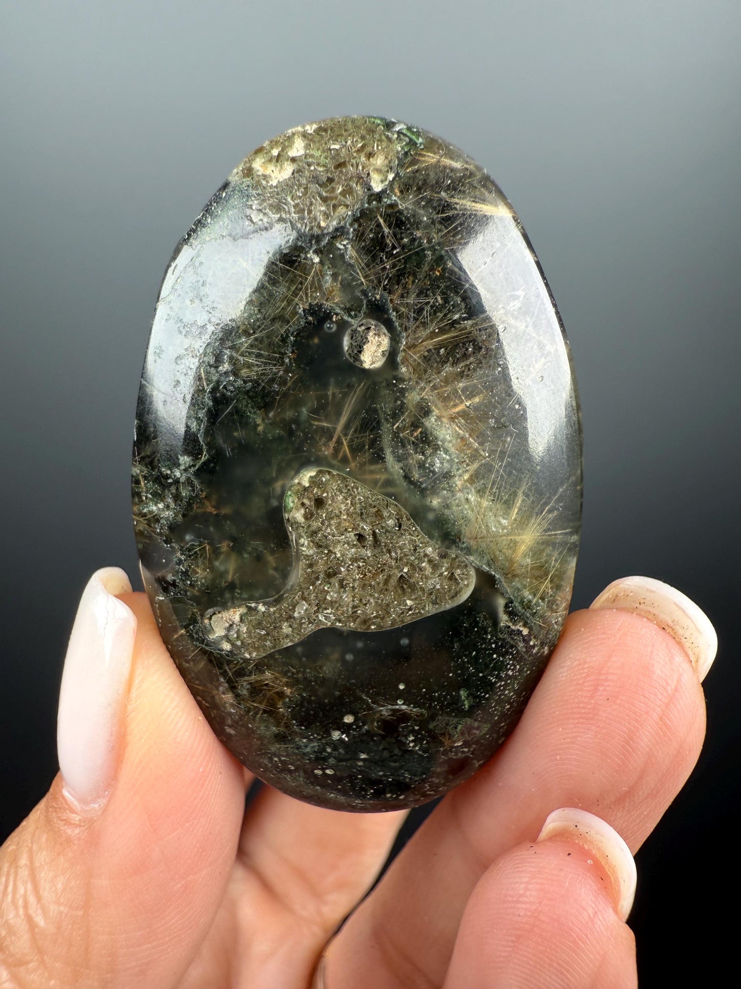 Himalayan Rutile Quartz with Green Chlorite Palm Stone