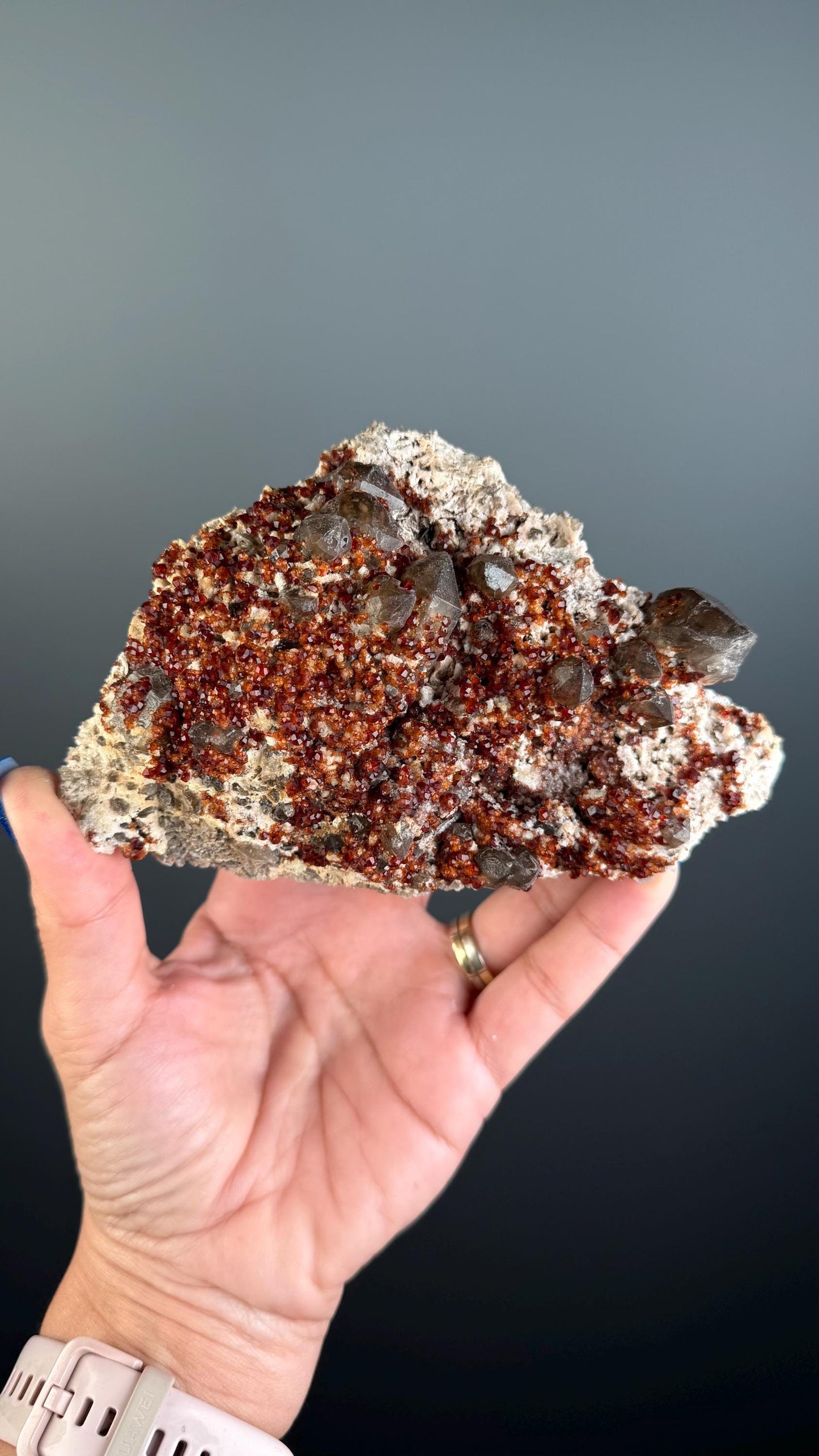 Spessartine Garnet Crystal on Smokey Quartz