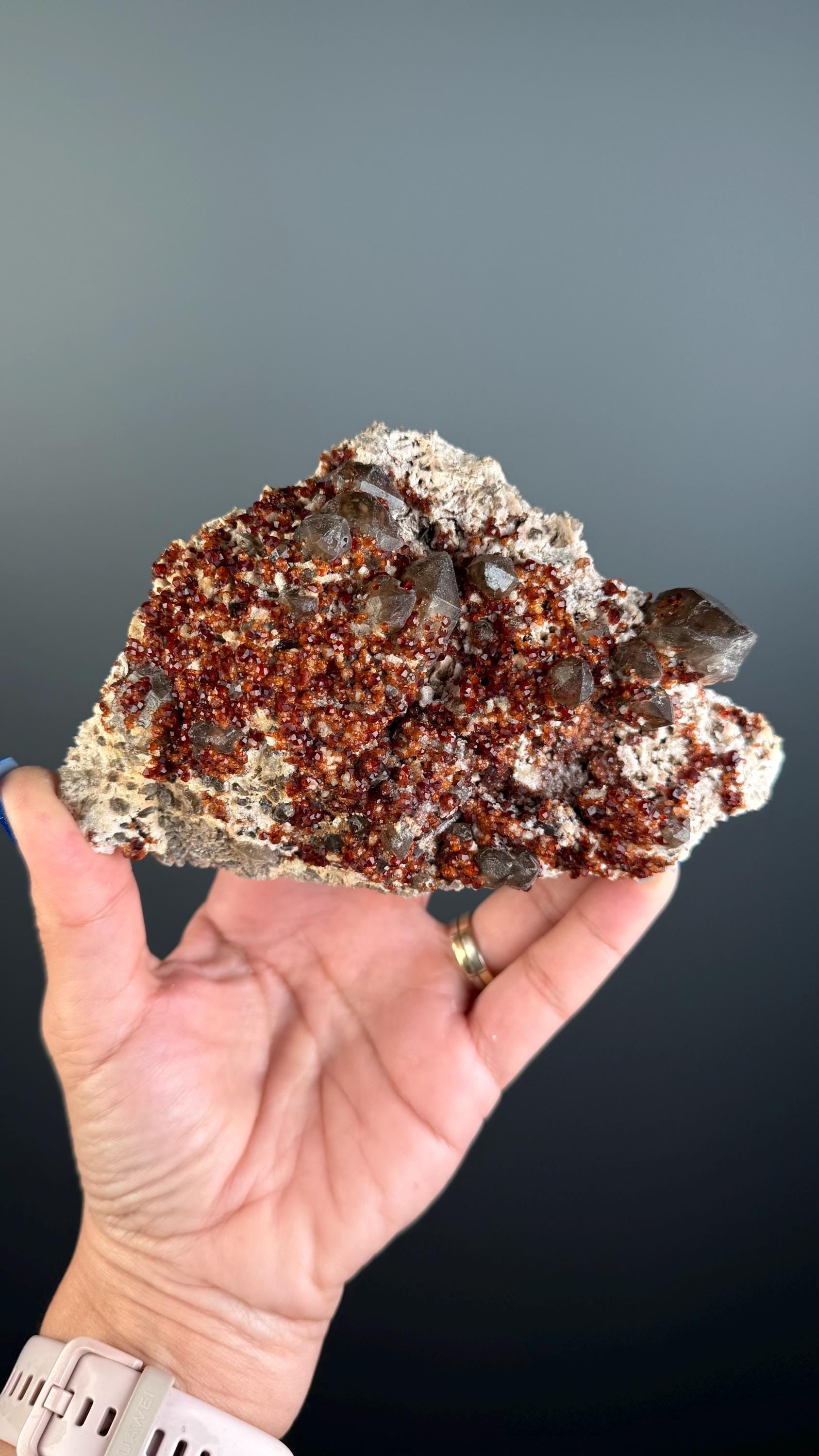 Spessartine Garnet Crystal on Smokey Quartz