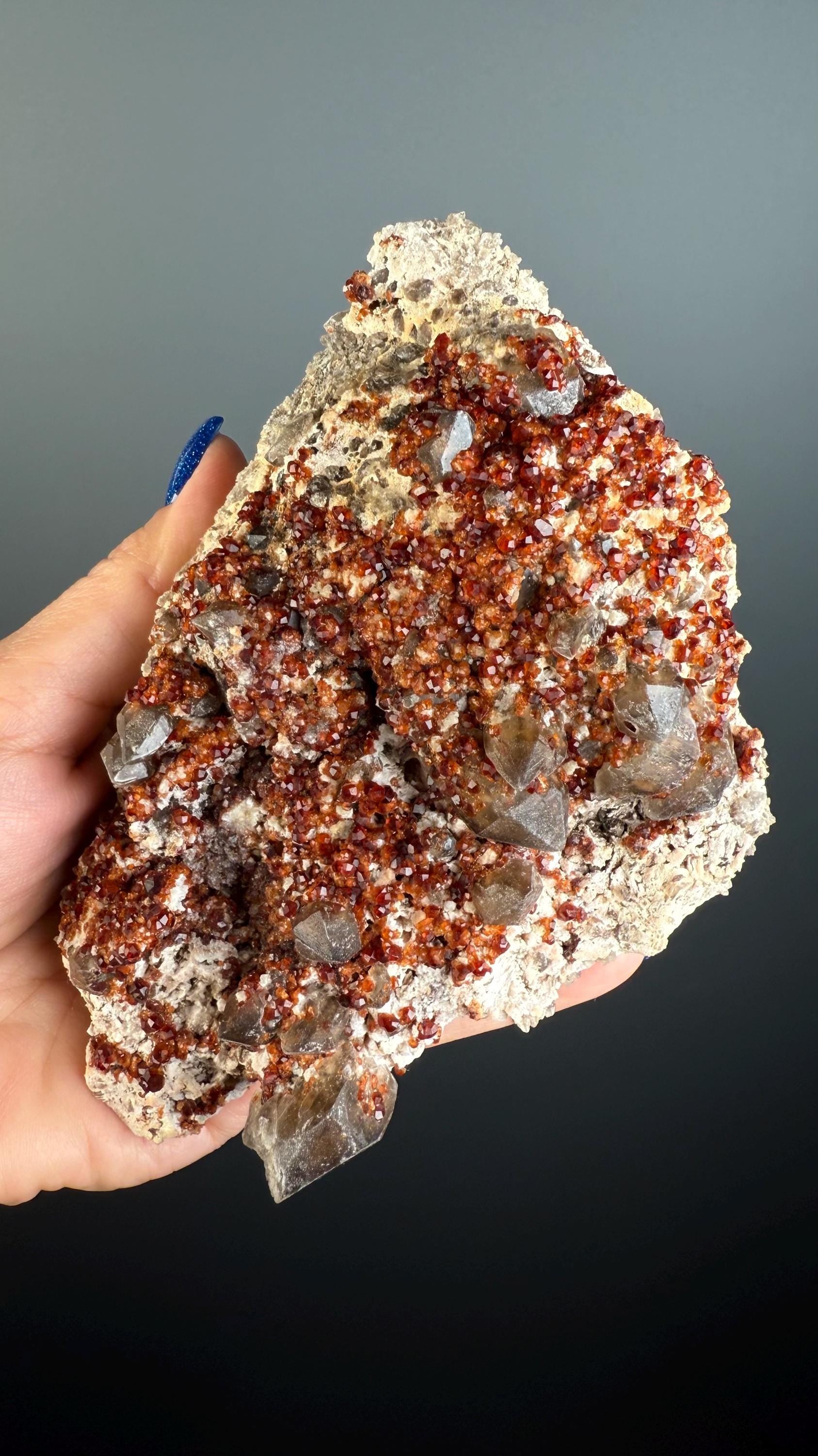 Spessartine Garnet Crystal on Smokey Quartz