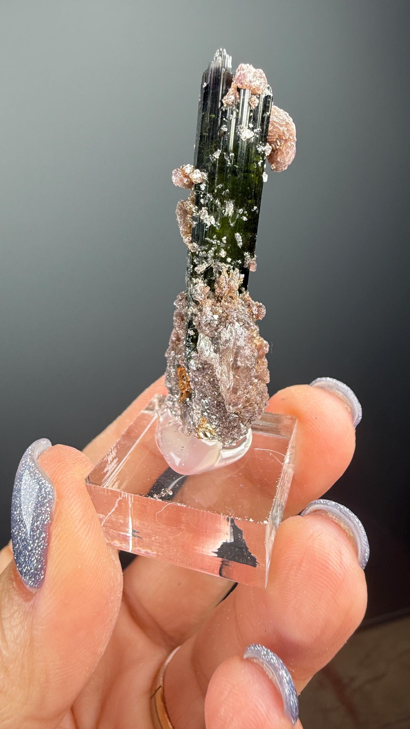 Green Tourmaline with Lepidolite Crystal from Minas Gerais, Brazil