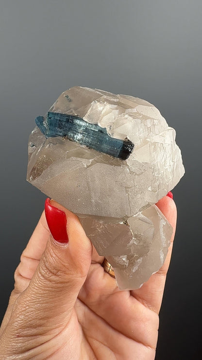 Blue Turmaline on Quartz Crystal Specimen (Indicolite)