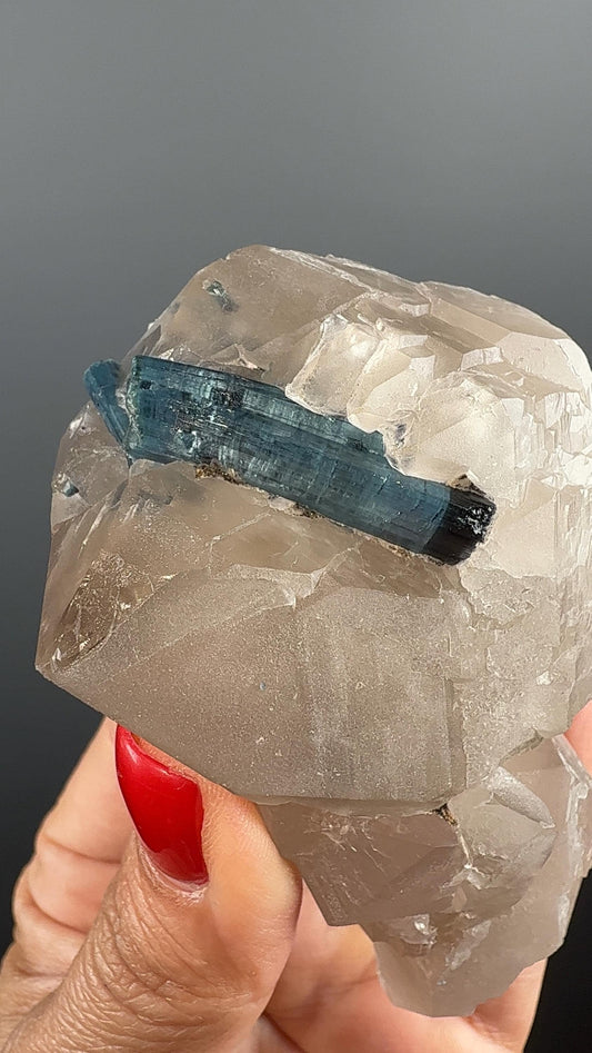 Blue Turmaline on Quartz Crystal Specimen (Indicolite)