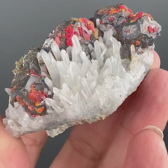 Amazing Piece!  Red Crystals on Quartz with  Galena Crystal From Peru