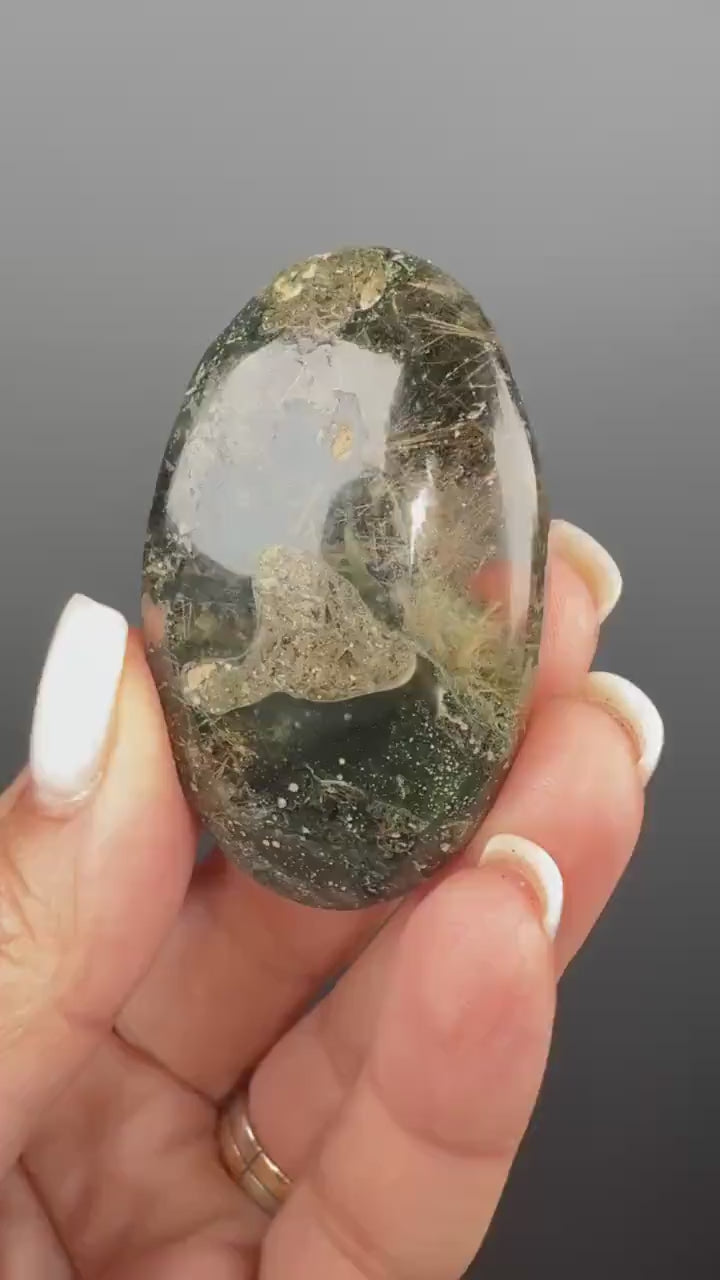 Himalayan Rutile Quartz with Green Chlorite Palm Stone