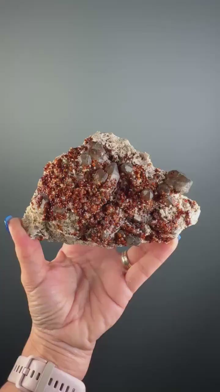 Spessartine Garnet Crystal  on Smokey Quartz