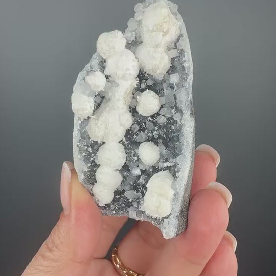 Stunning! White Okenite Balls  on Crystallized  Blue Chalcedony Crystal Specimen, Self-Standing Piece