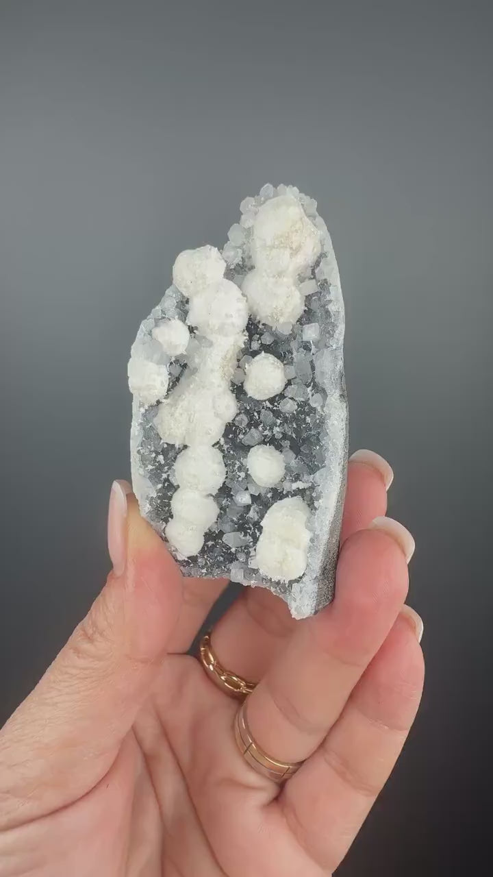 Stunning! White Okenite Balls  on Crystallized  Blue Chalcedony Crystal Specimen, Self-Standing Piece