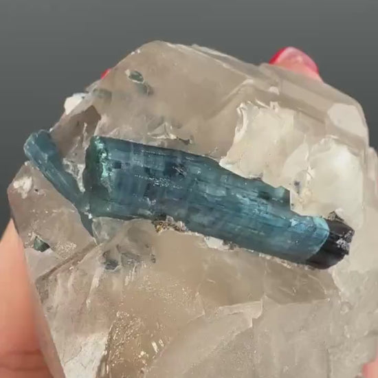 Blue Turmaline on Quartz Crystal Specimen (Indicolite)