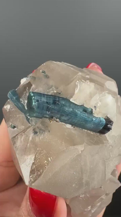 Blue Turmaline on Quartz Crystal Specimen (Indicolite)