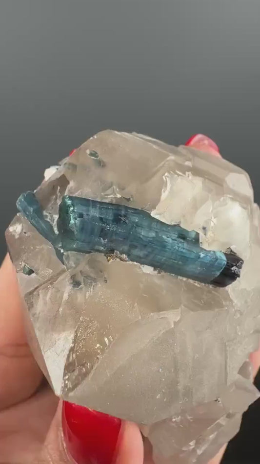 Blue Turmaline on Quartz Crystal Specimen (Indicolite)