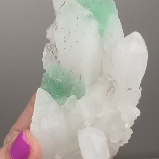 Green Fluorite with Pyrite on Double Termine Quartz from Past Bueno, Peru