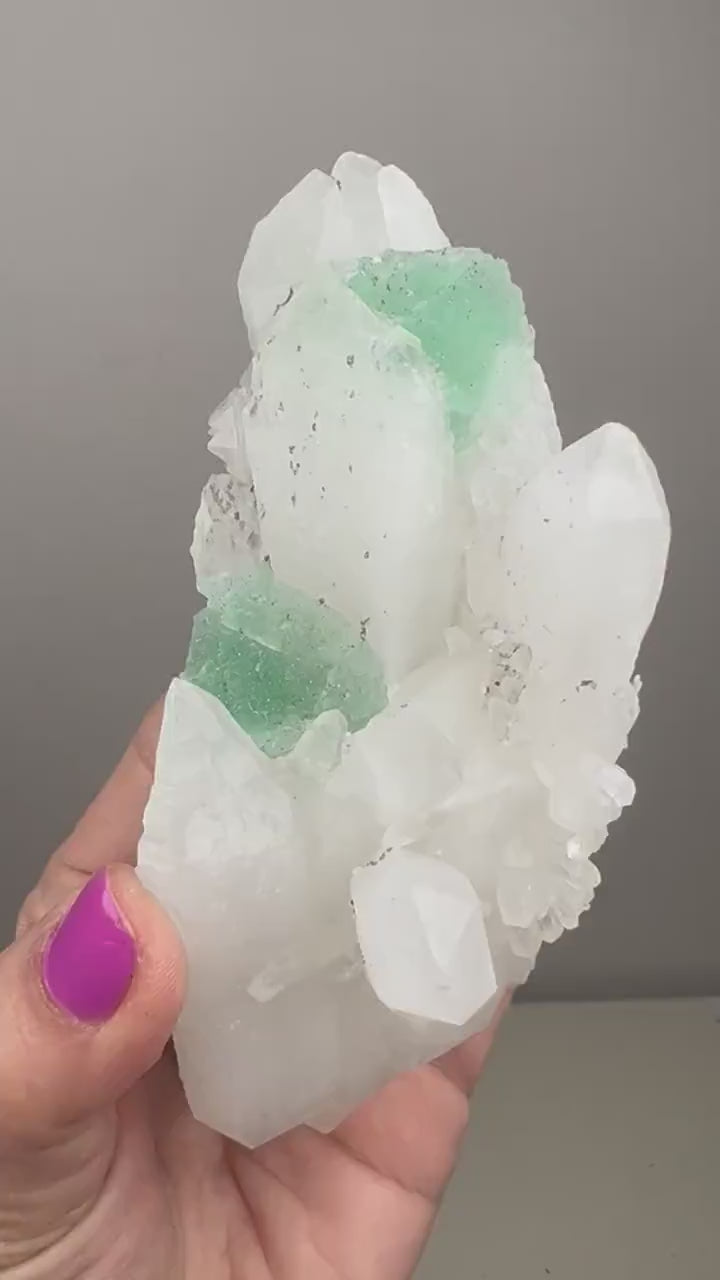 Green Fluorite with Pyrite on Double Termine Quartz from Past Bueno, Peru