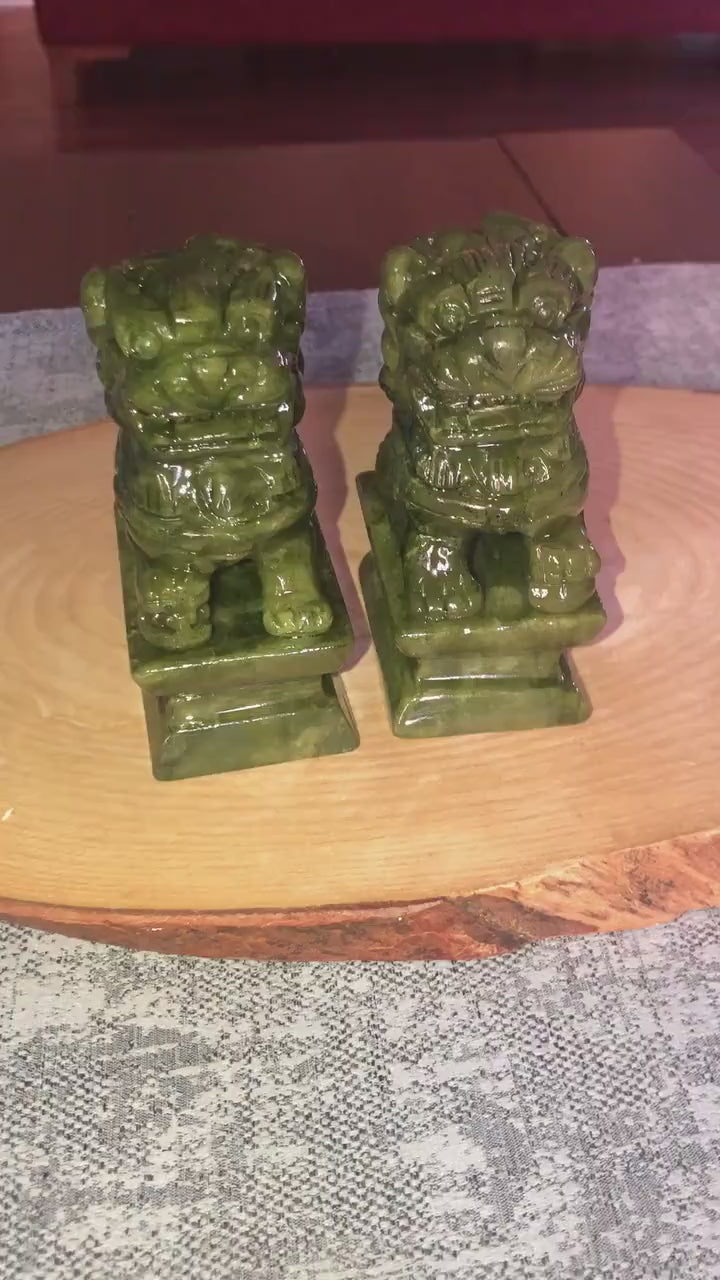 Green Jade Fu Dog (Foo Dog) Guardian Gemstone Huge Carving Sculpture