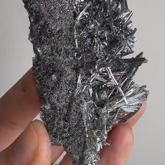 Silvery Stibnite Crystals with MirrorLike Luster, Stibnite Crystal