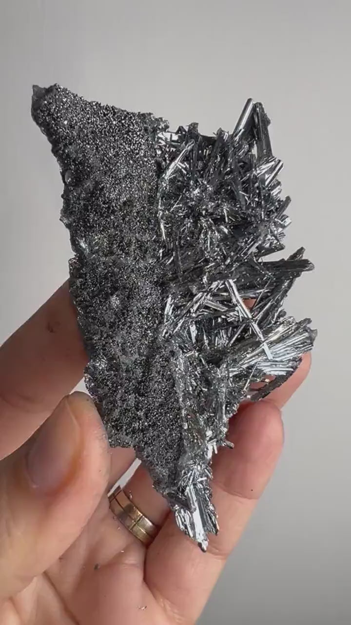 Silvery Stibnite Crystals with MirrorLike Luster, Stibnite Crystal