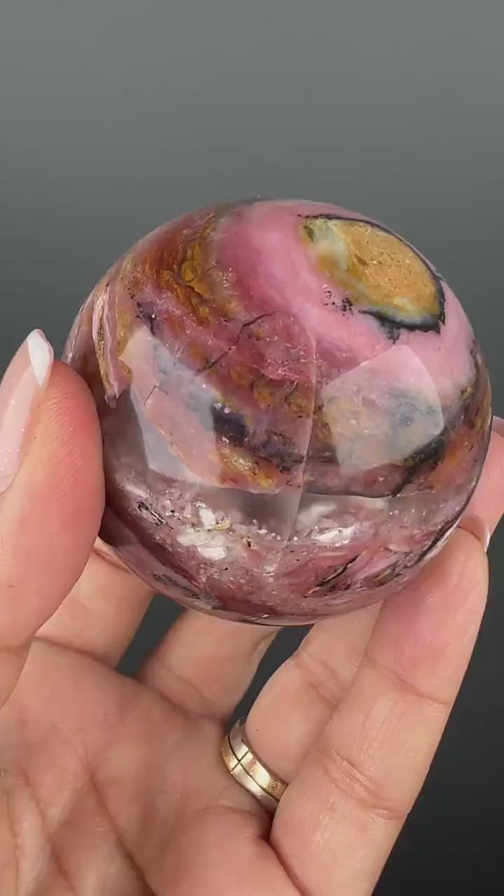 Amazing Color! Strawberry Opal Crystal Sphere from Peru, Dendritic Pink Opal Sphere- 71 MM