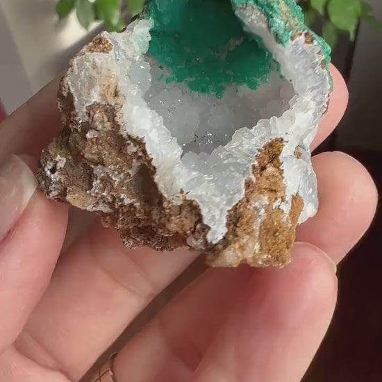 Lovely piece!Chalcedony Crystal with Malachite, Lovely Tiny  Geode, Chalcedony Crystal with Malachite