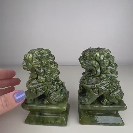 Pair of Natural Green Jade Foo Dogs lion,  Feng Shui Guardian Jade Foo Dogs