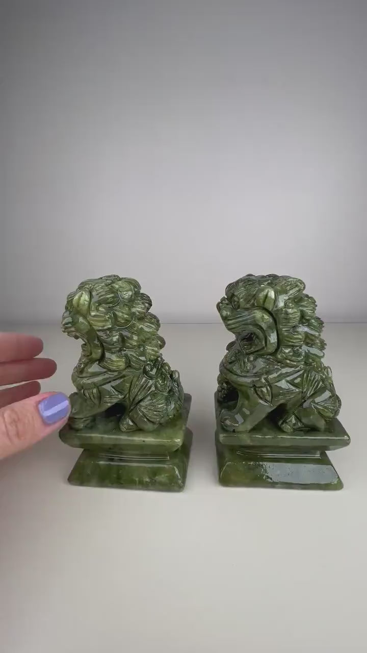 Pair of Natural Green Jade Foo Dogs lion,  Feng Shui Guardian Jade Foo Dogs