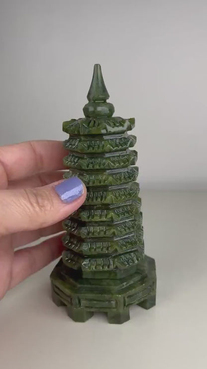 Jade Pagoda Statue! Green Jade 9 Level Pagoda Carving, Jade Pagoda Carving