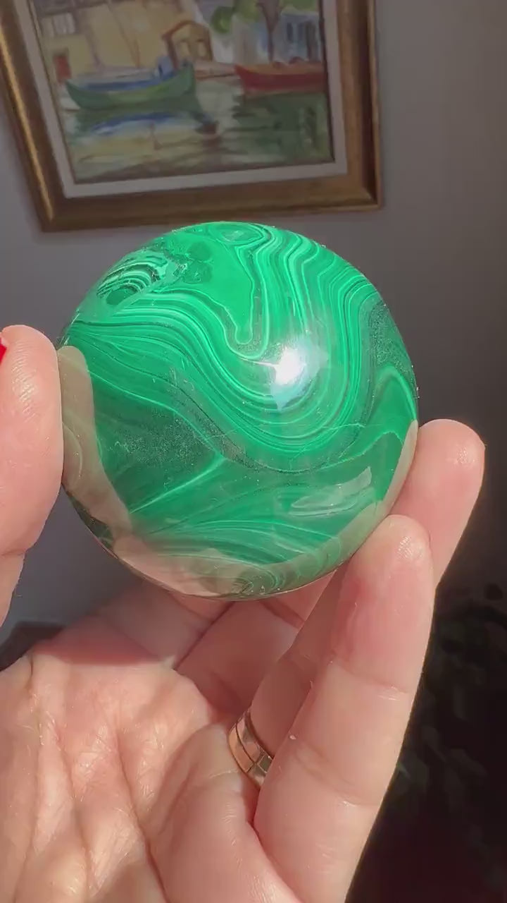 Deep Green Polished Malachite Sphere, % 100 Natural, 58 mm