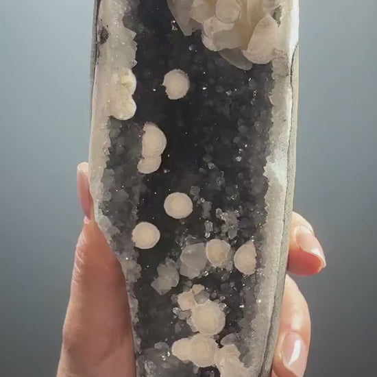 Stunning! White Okenite Balls  on Crystallized  Blue Chalcedony and Golden Calcite  Crystal Specimen, Self-Standing Piece