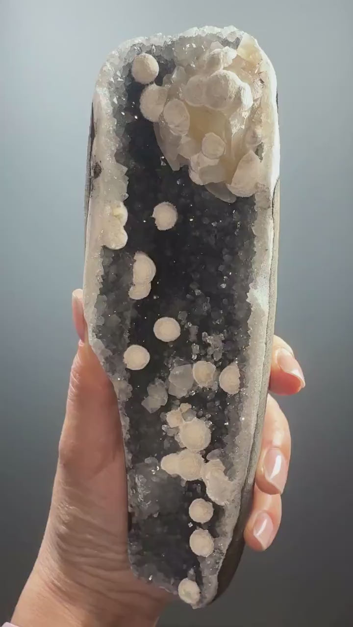 Stunning! White Okenite Balls  on Crystallized  Blue Chalcedony and Golden Calcite  Crystal Specimen, Self-Standing Piece