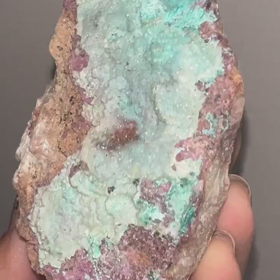 Amazing Piece! Sparkly Druzy  Blue Chrysocolla with Green Malachite Spots on Pink Cobalto Calcite Specimen