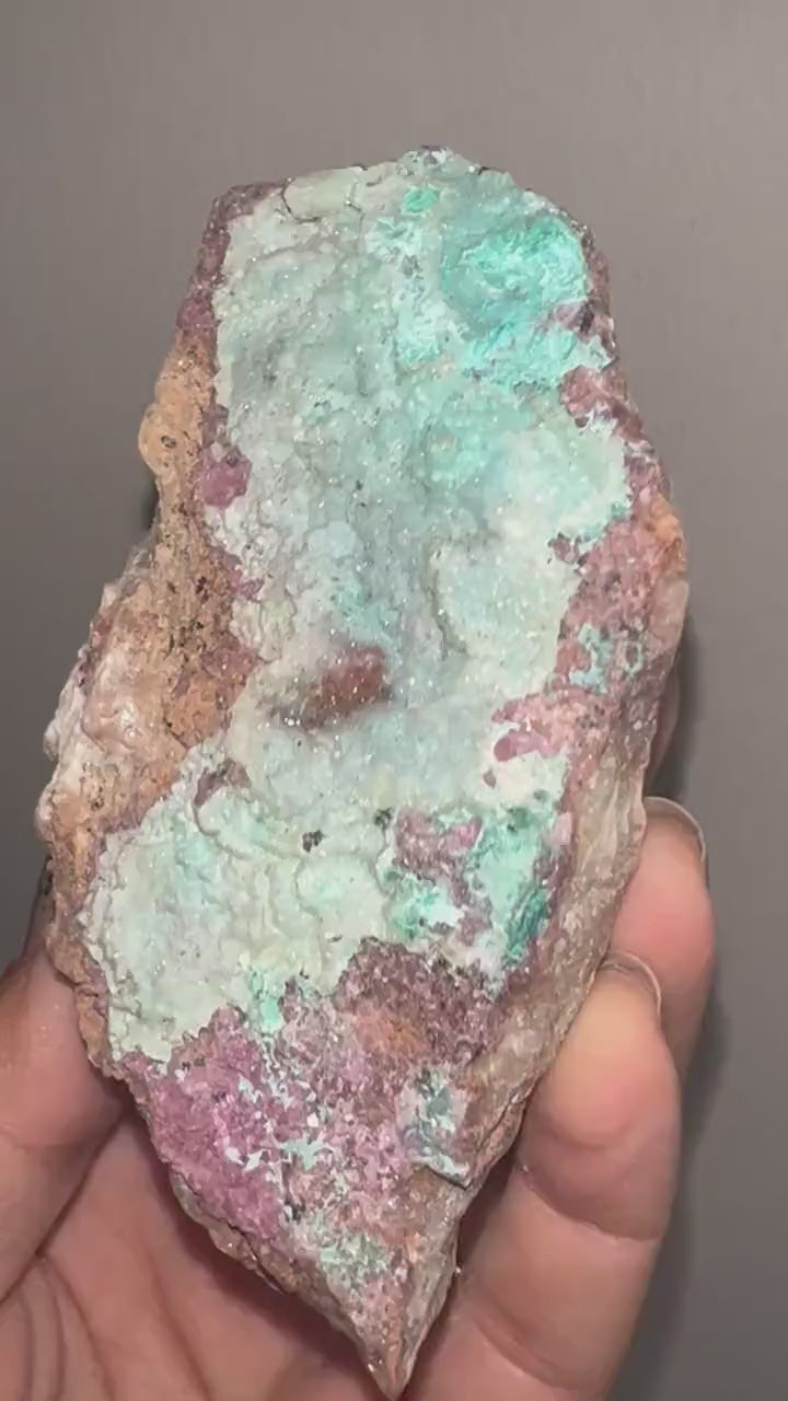 Amazing Piece! Sparkly Druzy  Blue Chrysocolla with Green Malachite Spots on Pink Cobalto Calcite Specimen