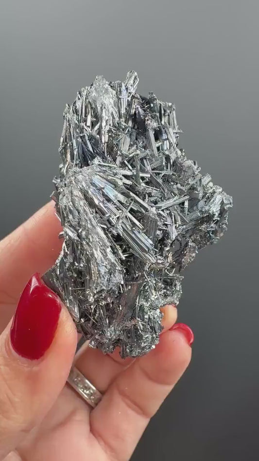 Silvery Stibnite Crystals with MirrorLike Luster, Stibnite Crystal