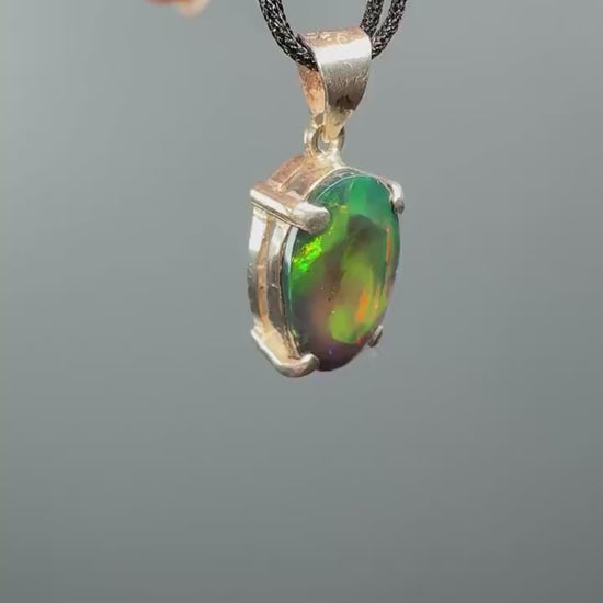 Black Fire Opal Pendant Necklace in 925 Silver, Opal crystal necklace