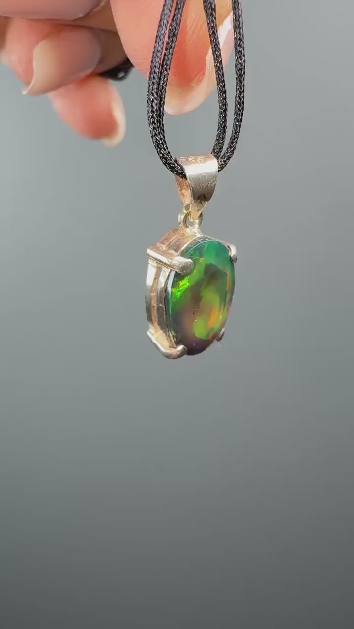 Black Fire Opal Pendant Necklace in 925 Silver, Opal crystal necklace
