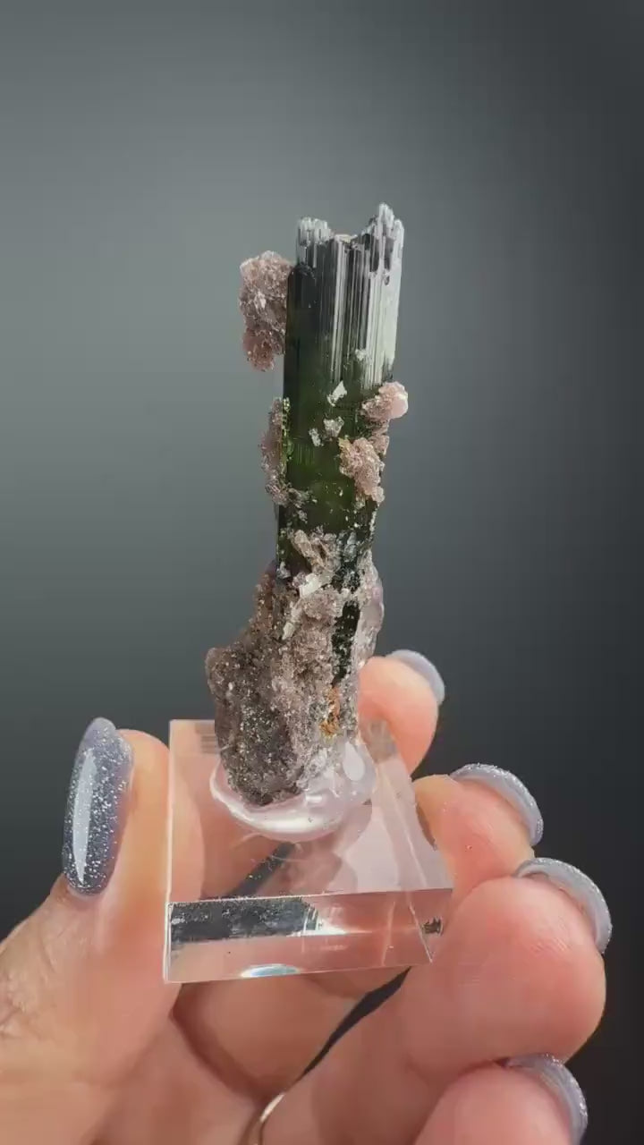 Green Tourmaline with Lepidolite Crystal from Minas Gerais, Brazil