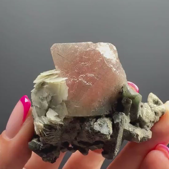 Amazing Pink-Green Flourite Octahedrons with Green Phrase Quartz