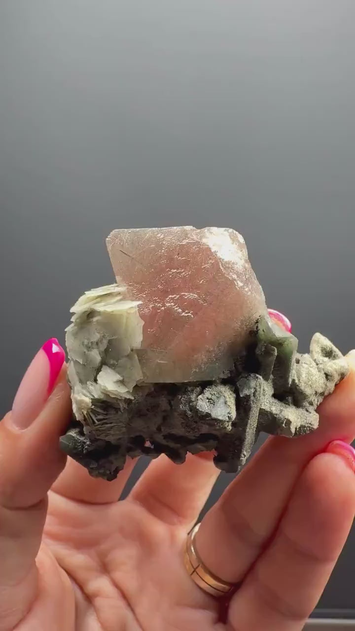Amazing Pink-Green Flourite Octahedrons with Green Phrase Quartz